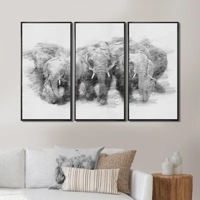 Black And White Elephant In Pencil Sketch - Animal Framed Canvas Wall Art Set Of 3