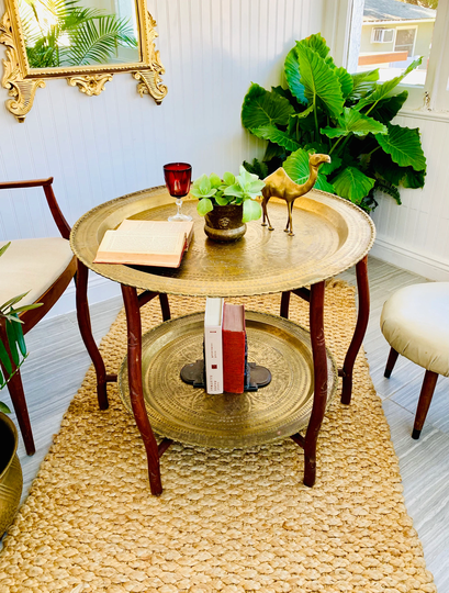 Moroccan Coffee Table Mid Century Middle Eastern 2 Tiered Teak & Brass Tray Folding Tea Or Wine