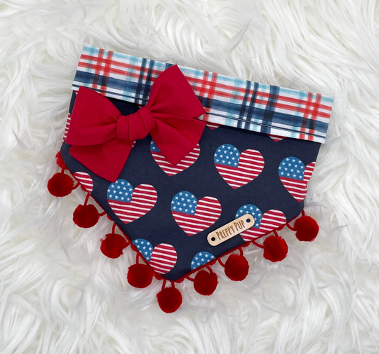 Patriotic Red, White & Blue Dog Bandana With Optional Pom Trim