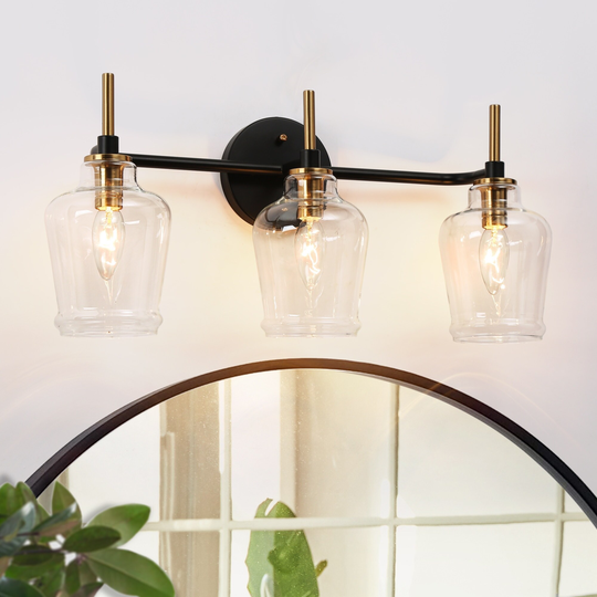 Modern 3-Light Black Gold Bathroom Vanity Light Glass Wall Sconces