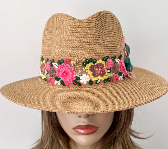 Tan Wide Brim Straw Panama Hat With Colorful Trim Beading Embellishments, Fedora Hat, Size 23" Up To 24", Ready Ship, Upf 50+