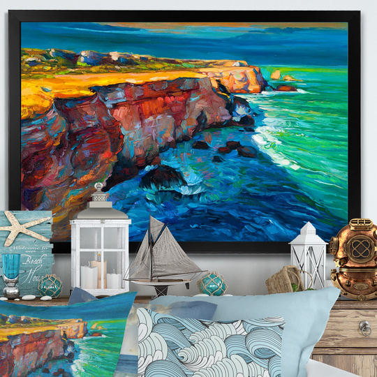 Designart 'Colorful Cliffs Ocean' Nautical & Coastal Framed artwork