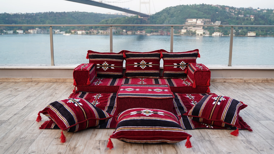 Maroon Arabic Floor Sofa Seating, Turkish Mosaic Lamp, Cushion, Seating Sofa, Ethnic Sofas