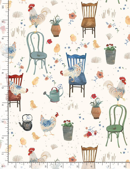 Country Cottage - Chickens On Chairs #cd1096 Cream By Timeless Treasures 100% Cotton Woven Fabric Choose Cut