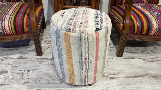 Blue White Handmade Eclectic Vintage Decorative Foot Stool Pouf Chair Ottoman Cotton Material Round Floor 18x18 Inches