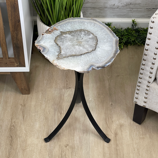 Natural Brazilian Agate Side Table, Single Slice On A Black Metal Base, 22.25" Tall #1305-0129 By Brazil Gems