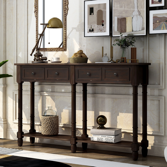 Classic Accent Console Table with 2 Storage Drawers, Bottom Shelf, Elegant Tapered Legs and Round Knobs Deco, Espresso