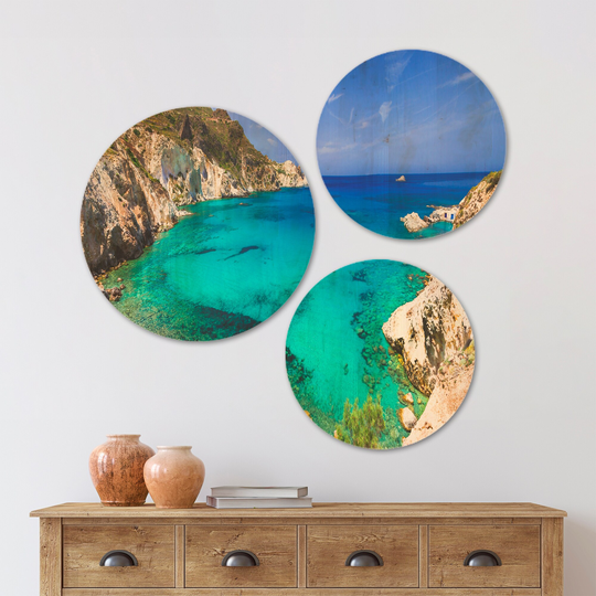 Designart 'Greece Beaches of Milos Island' Landscape Wood Wall Art Set of 3 Circles - Multi-Color