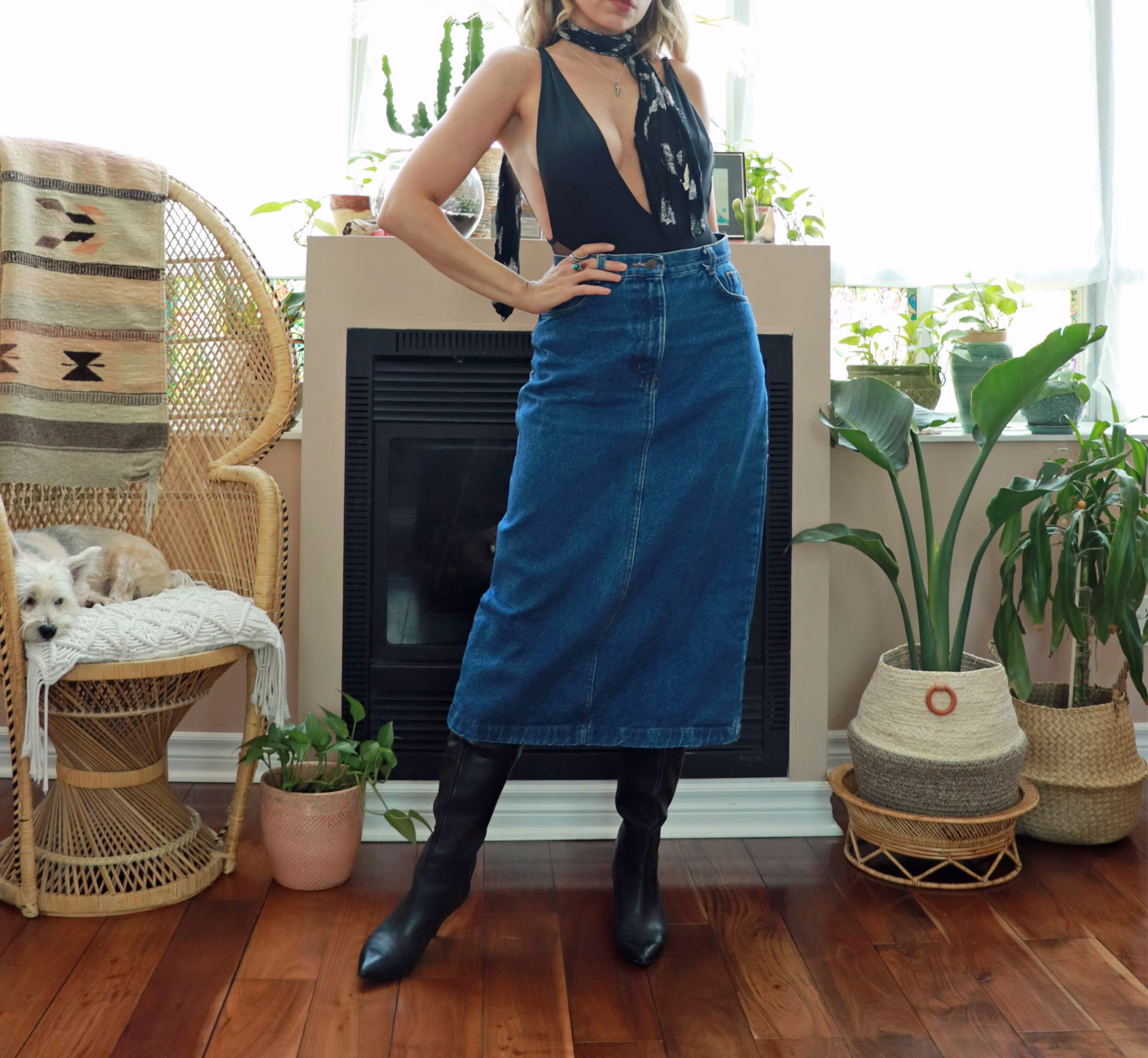 1980's High Waist Jean Skirt || Size 28 To 29 Medium Dark Wash Midi Length Long Denim Waisted Pencil Straight Cotton With Pockets