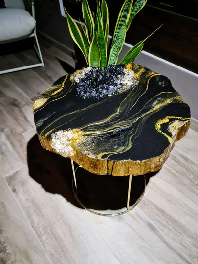 Original Epoxy Coffee Table, Accent Resin Live Edge Agate High End Epoxy Black & Gold Living Décor