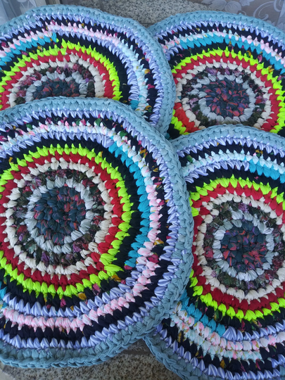 Multicolor Set Of 4 Chair Pads, Crocheted Rag Rug Custom Pads