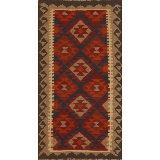 Geometric Kilim Oriental Area Rug Hand-woven Multi-Color Wool Carpet - 3'3" x 6'4"
