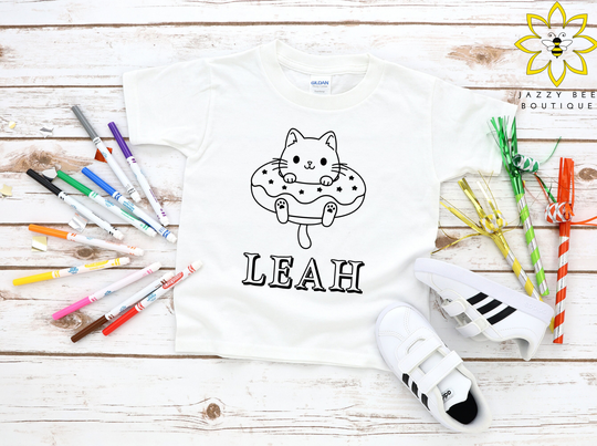 Custom Donut Kitten Coloring Shirt For Kids, Color Your Own Shirt, Personalized Cute Cat Kitty Donut Tee