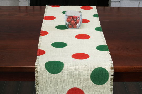Christmas Burlap Table Runner, Red & Green Polka Dot Off White Party, Decor