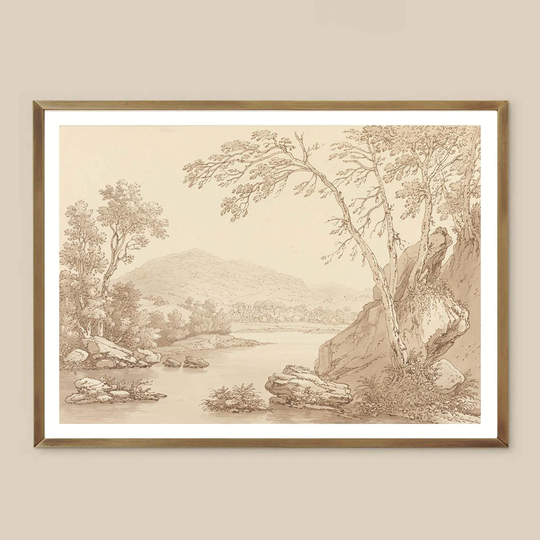Pencil Sketch Landscape Art Print, Watercolor, Landscape Decor, Vintage Drawing, Neutral, Tree Sketch, Lake Creek