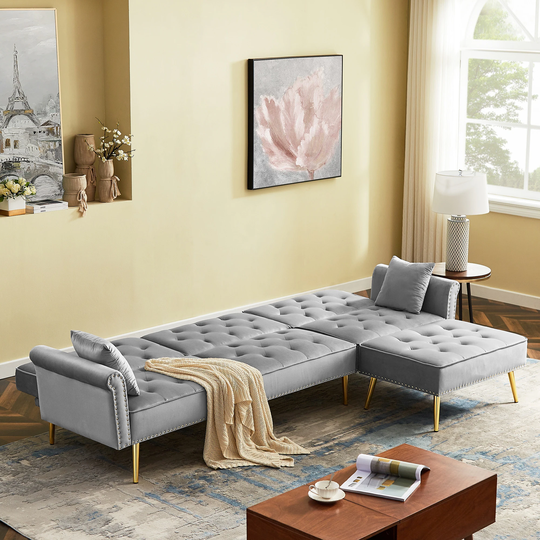Modern Velvet Upholstered Sectional Sofa Bed, L-Shaped Reversible 3-Seat Couch with Movable Ottoman & Nailhead Trim