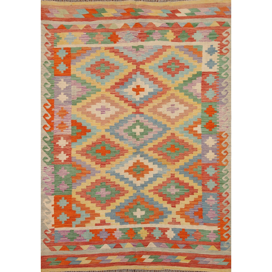 Kilim Area Rug Reversible Hand-woven Multi-Color Wool Carpet - 4'11" x 6'9"