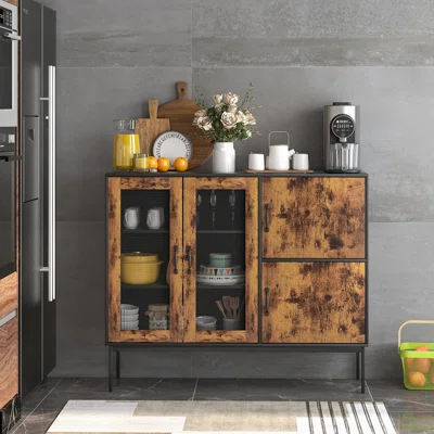 17 Stories Farmhouse Buffet Sideboard Console Table Cupboard With Metal Mesh Doors & Cabinets
