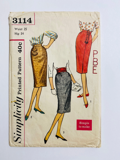 Simplicity 3114 Waist 25" Vintage 1950S Sewing Pattern 1959 50S Embroidery Waistband Pocket Pencil Skirt