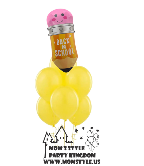 Back-To-School Balloon Bouquet - Mylar, Lates Set, School Bus, Pencil, Apple, Crayons, Is Cool Yellow