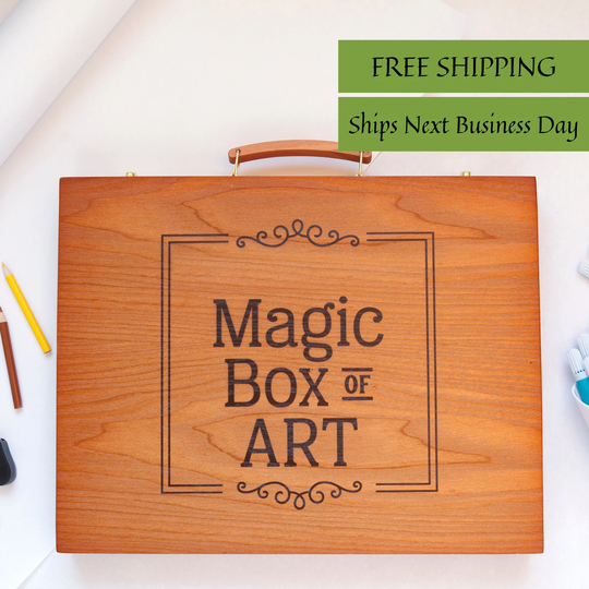 Engraved Wooden Art Box With Supplies - Unique Birthday & Christmas Gift For Kids Artist Gifts, Boys Girls