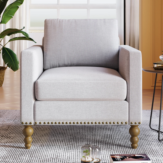 Modern Linen Armchair Accent Chair With Bronze Nailhead Trim And Rubber Legs