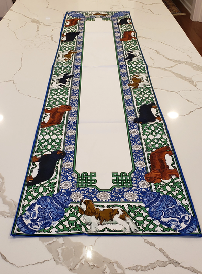 Cavalier King Charles Spaniel Table Runner, Dog Gift, Blue & White, Linen, Custom Design, 100% Cotton