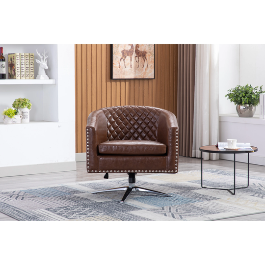 Faux Leather Swivel Barrel Chair Living Room Chairs with Nailheads and Adjustable Base