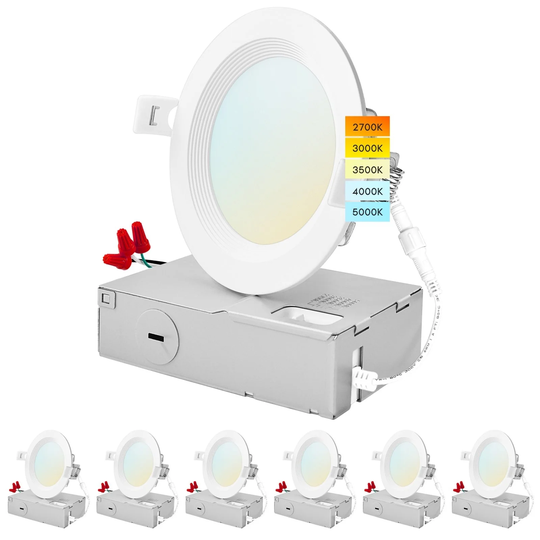 Luxrite 4" Ultra Thin LED Recessed Light J-Box 10.5W 5 Color Options Dimmable 750 Lumens IC Rated Baffle 6 Pack