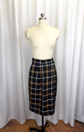 1990's Plaid Wool Skirt Black & Yellow Pencil Size 8