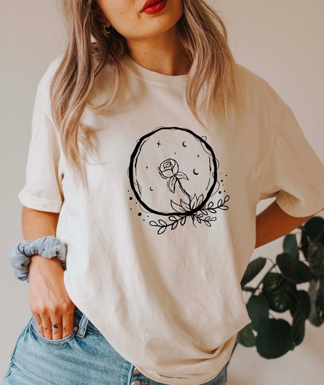 Comfort Colors Celestial Shirt, Hand Drawn Rose T-Shirt, Boho Comfy Oversized Shirt