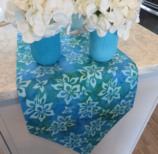 72" Blue Green Batik Table Runner Reversible Aqua Hibiscus Centerpiece Summer Turquoise Decor Teal Home Decor