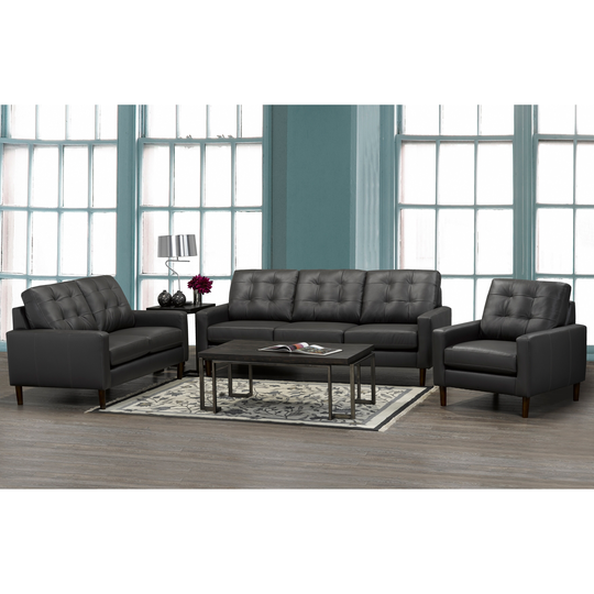 Gunner Mid Century Modern Dark Grey Top Grain Italian Leather Tufted Sofa, Loveseat and Chair