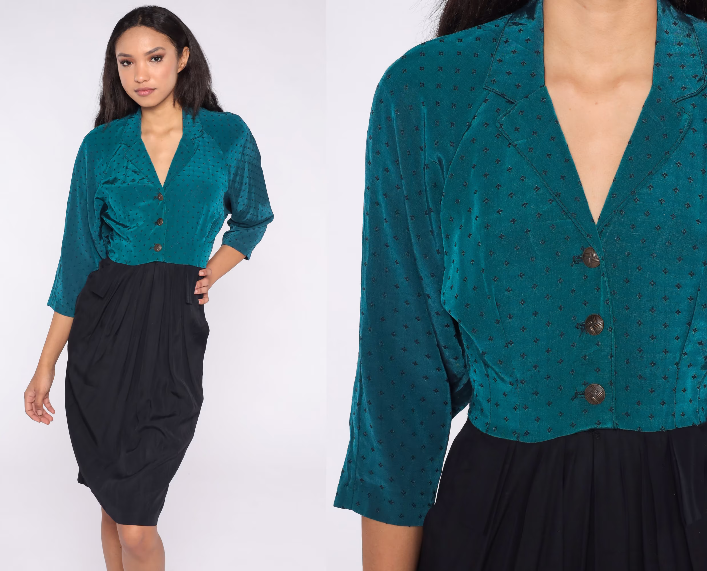 Color Block Mini Dress 80S Teal Black Sheath Button Up Wiggle Pencil Vintage 1980S Secretary 3/4 Sleeve Small S