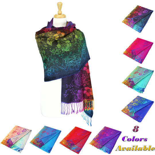 Rainbow Pashmina Colorful Silky Tropical Exotic Wrap Shawl Scarf Flowers