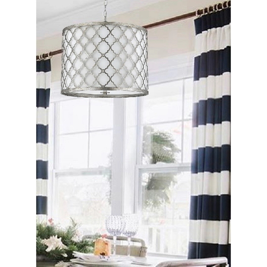Antique Silver Drum Pendant with 3 Lights and Transitional Shade