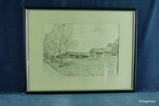Swedish Hand Painted Pencil Drawing. Graphite Painting. Original Drawing.original Vintage Sketch Art. Illustration. 42 cm X 32
