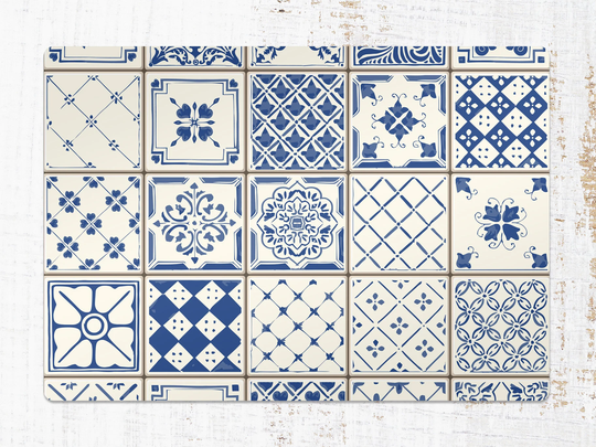 Blue Mosaic Chair Mat, White Protective Splat Portugal Vinyl Floor Area Rug, Kids Room Decor, Splash Mat