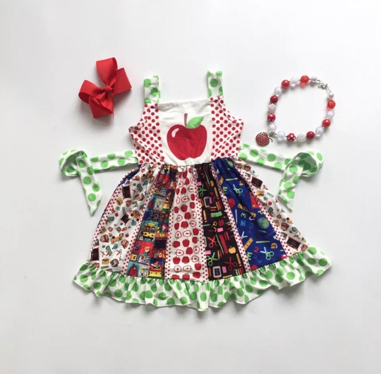 Express Ship Girls Back To School Applique Apple Dress With Matching Necklace & Bow Pencil Bus Crayon Embroidered Monogram Or Personalized