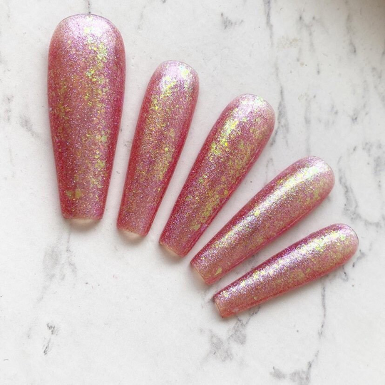 Reusable Pink Mermaid Holographic Unicorn Flake Press On Nails