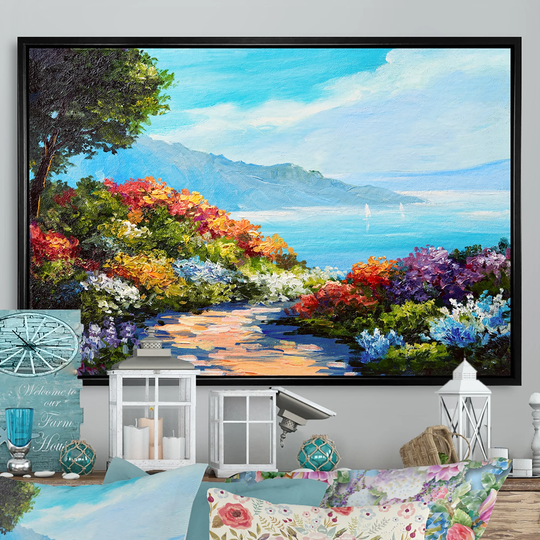 Designart 'Colorful Flowers In Coastal Scenery' French Country Framed Canvas Wall Art