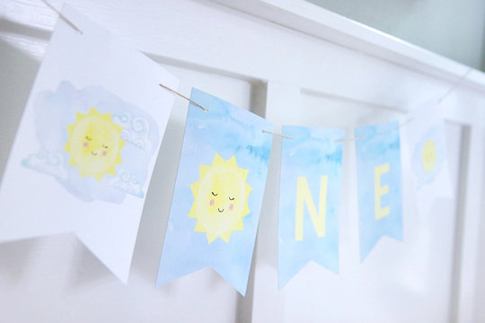 Sunshine Birthday High Chair Banner - First Trip Around The Sun One Pennant Smiling & Clouds Customizable