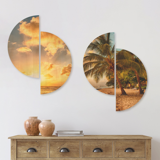 Designart 'Gorgeous Beach of Island Barbados' Modern Seascape Wood Wall Art Set of 4 Half Circles - Multi-Color