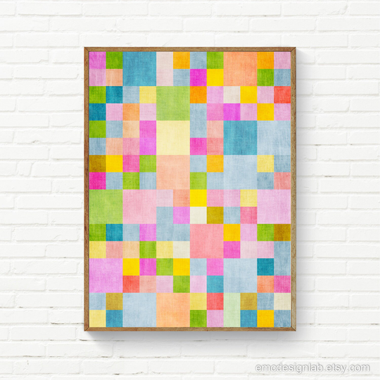 Colorful Geometric Print Rich Pastel Colors Squares Wall Art Pink Green Yellow Blue Modern Vibrant Nursery Print, Original Decor