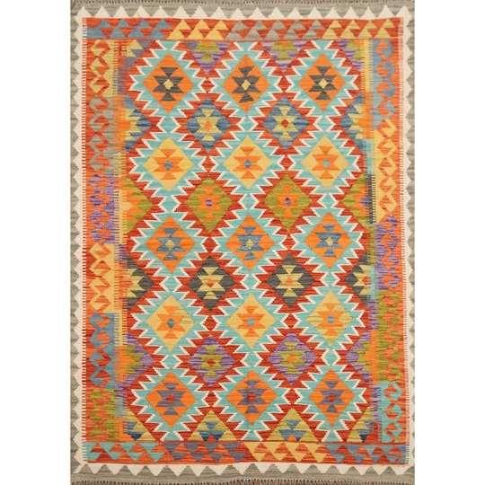 Multi-Color Kilim Geometric Area Rug Hand-woven Wool Carpet - 5'0"x 6'7"