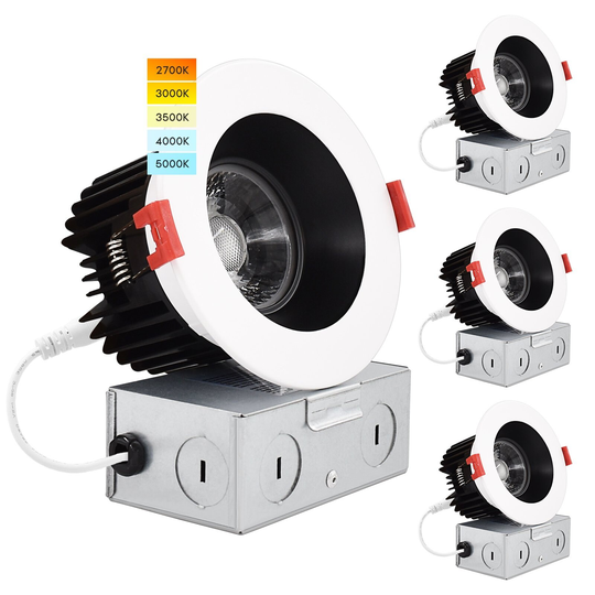 Luxrite 4 Inch LED Recessed Light, 15W, 5 Color Selectable, 1100 Lumens, Dimmable, Wet Rated - White Black Trim 4-Pack