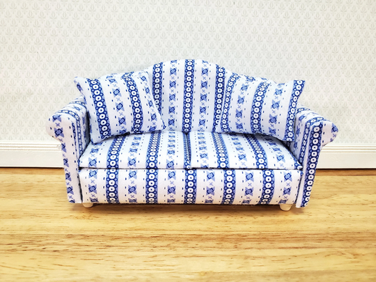 Dollhouse Sofa Couch Modern Blue & White With Cushions 112 Scale Miniature Furniture