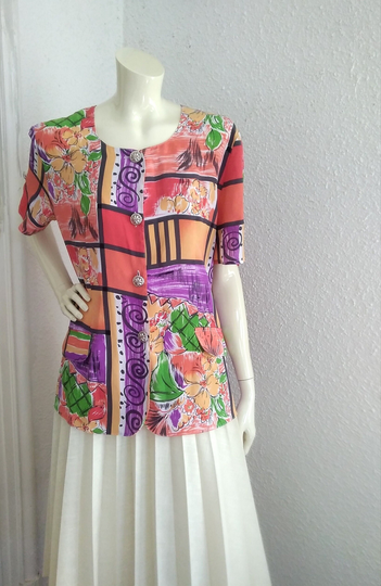 80S Colorful Blouse 44 Size Statement Multicolor Summer Floral Geometric Print Vibrant Colors Thin Blazer Pop-Art Top