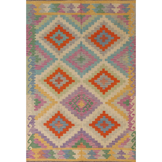 Reversible Geometric Multi-Color Kilim Area Rug Hand-woven Wool Carpet - 5'1" x 6'8"