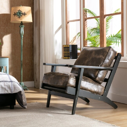 solid wood black antique painting removable cushion arm chair, mid-century PU leather accent chair